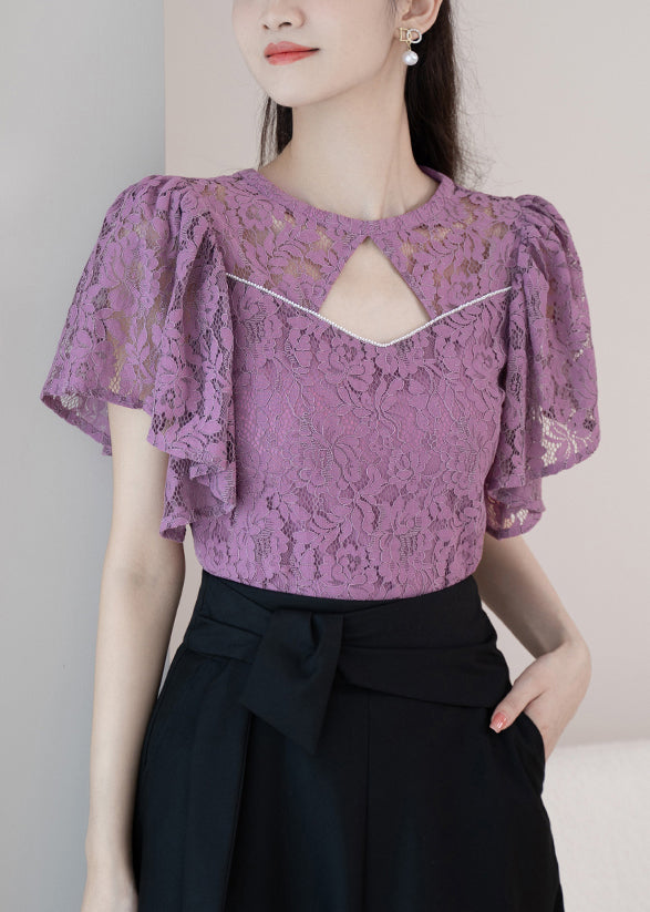 New Purple O-Neck Hollow Out Lace Shirt Summer OP1016