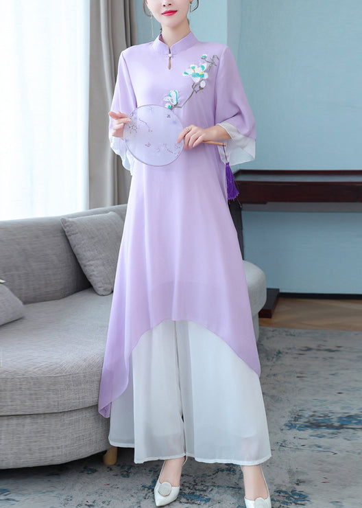 New Purple Stand Collar Embroidered Chiffon Two Pieces Set Half Sleeve OP1004