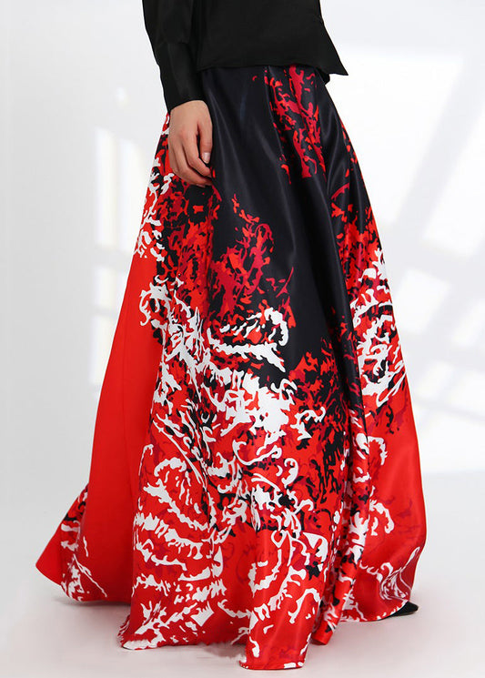 New Red Print Pockets High Waist Silk Skirts Spring Ada Fashion