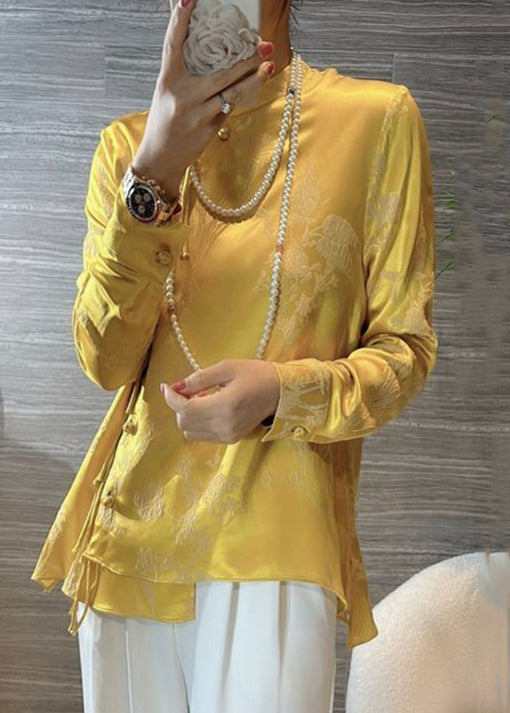 New Yellow Chinese Button Print Silk Blouses Spring Ada Fashion