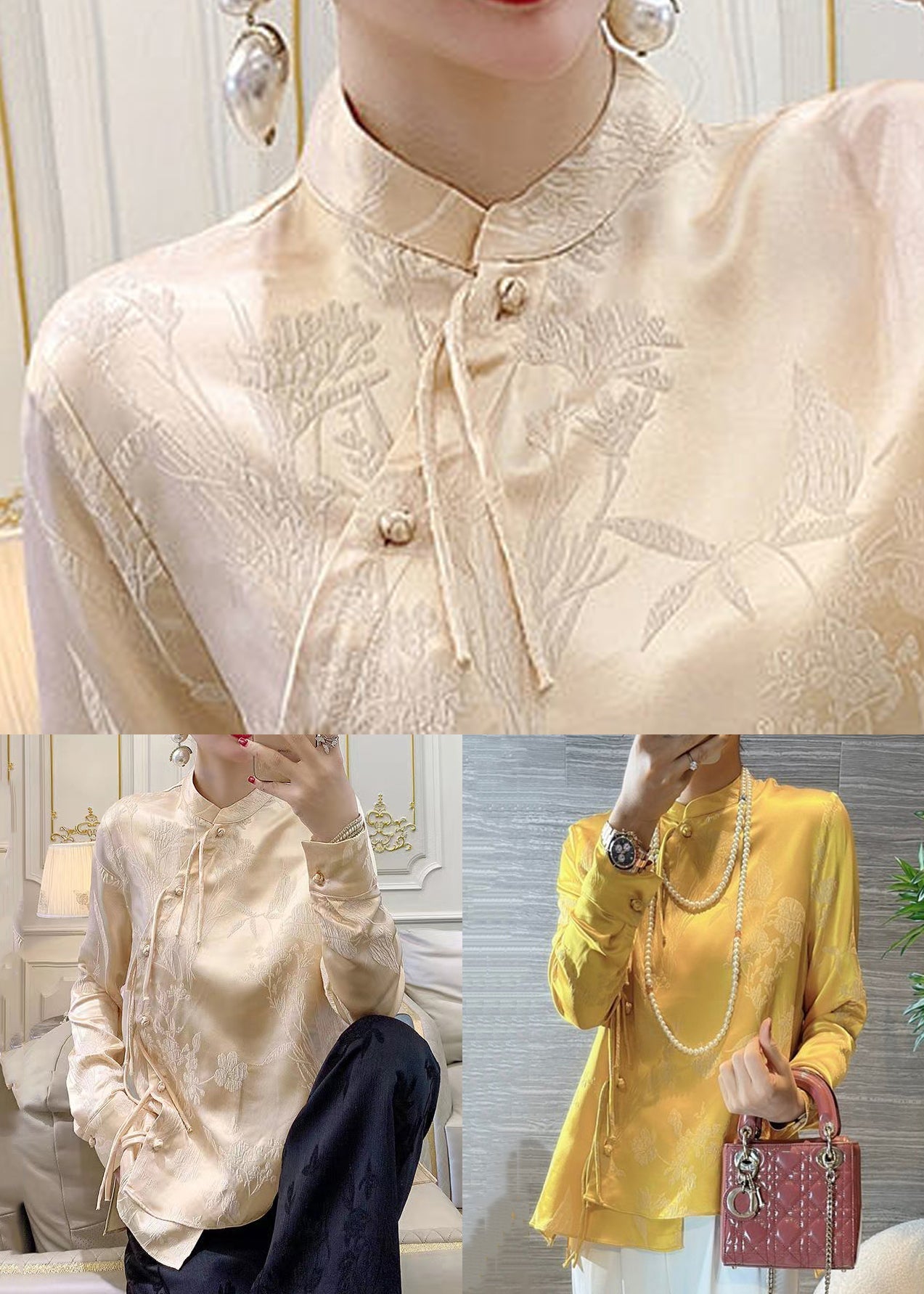 New Yellow Chinese Button Print Silk Blouses Spring Ada Fashion