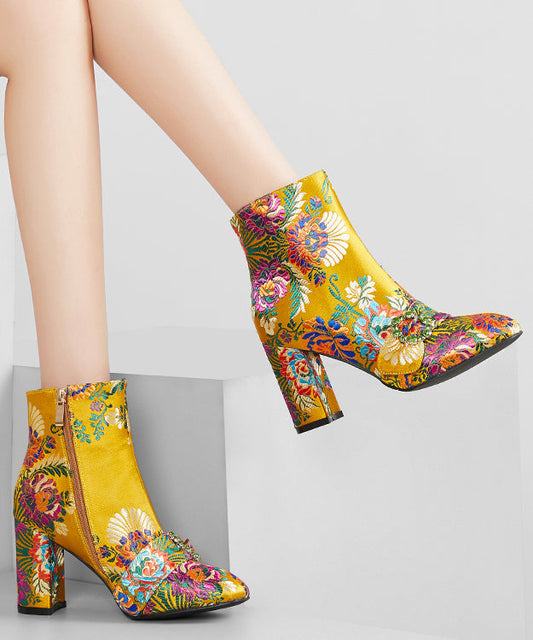 New Yellow Embroidered Zippered Cotton Chunky Ankle Boots RT1061
