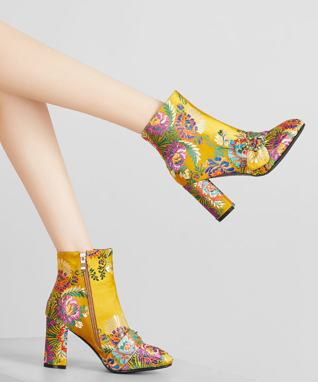 New Yellow Embroidered Zippered Cotton Chunky Ankle Boots RT1061