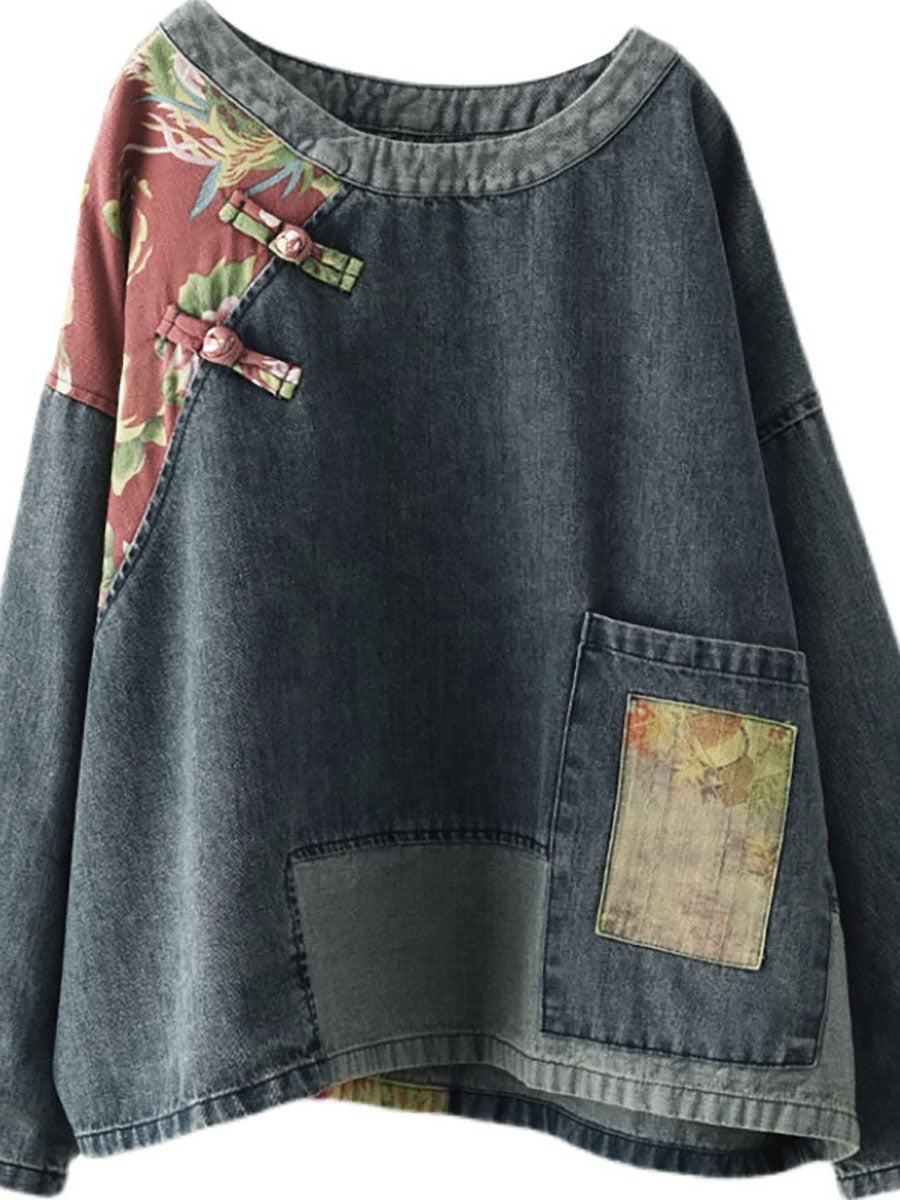 Plus Size Women Retro Stitching Patchwork Print Floral Denim Sweatshirt SC1032