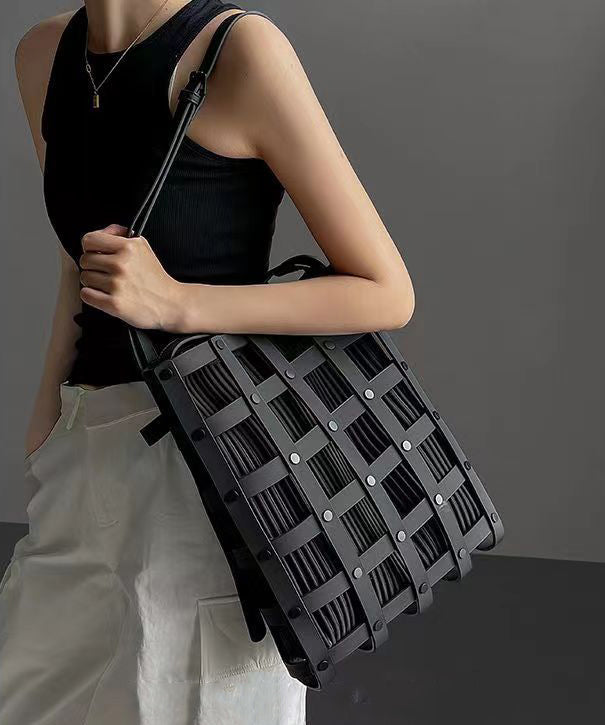 Original Black Hollow Out Rivet Calf Leather Satchel Handbag Ada Fashion