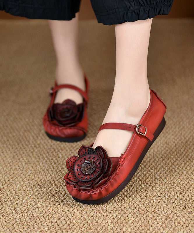 Original Retro Red Floral Soft Sole Cowhide Leather Flats Shoes RT1024