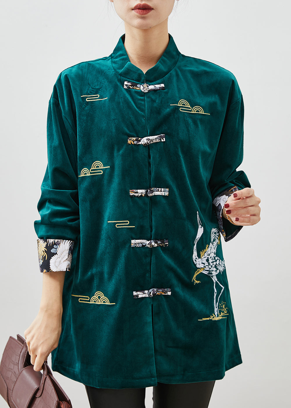 Peacock Green Velour Shirts Embroidered Chinese Button Spring YU1059