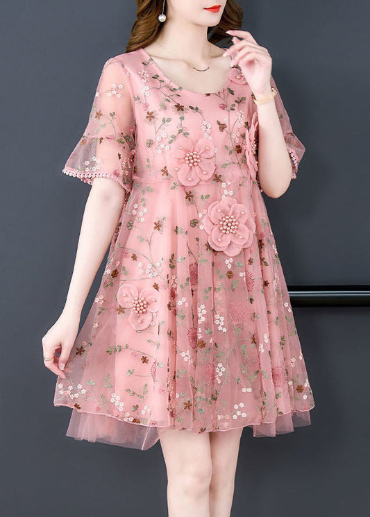 Pink Embroidered Tulle Mid Dress O Neck Short Sleeve OP1079