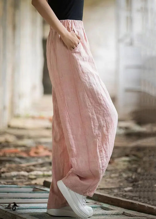 Pink High Waist Linen Wide Leg Pants Pockets Ada Fashion