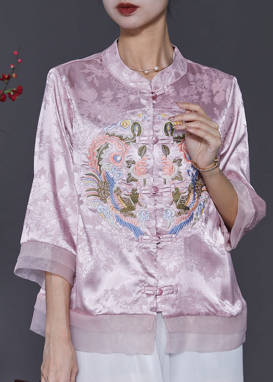 Pink Jacquard Silk Chinese Style Shirt Top Embroidered Spring SD1078