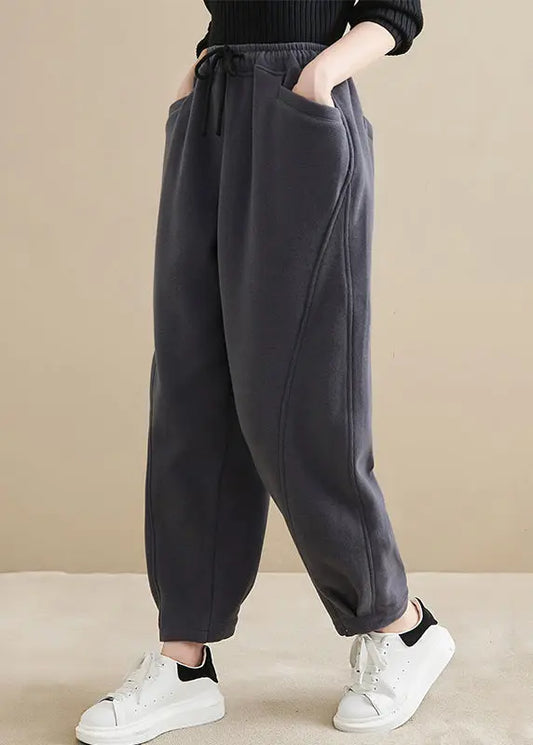 Plus Size Dark Gray Pockets Elastic Waist Warm Fleece Crop Pants Ada Fashion