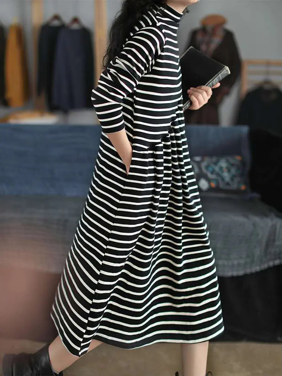 Plus Size Women Autumn Stripe Turtleneck Cotton Dress Ada Fashion