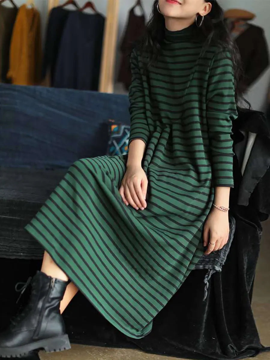 Plus Size Women Autumn Stripe Turtleneck Cotton Dress Ada Fashion