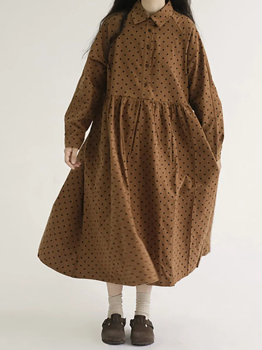 Plus Size Women Vintage Dot Pleat Long Sleeve Dress Ada Fashion