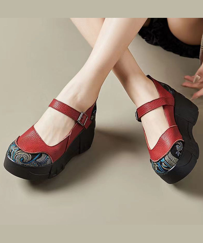 Red High Wedge Heels Shoes Women Splicing Buckle Strap CZ1016