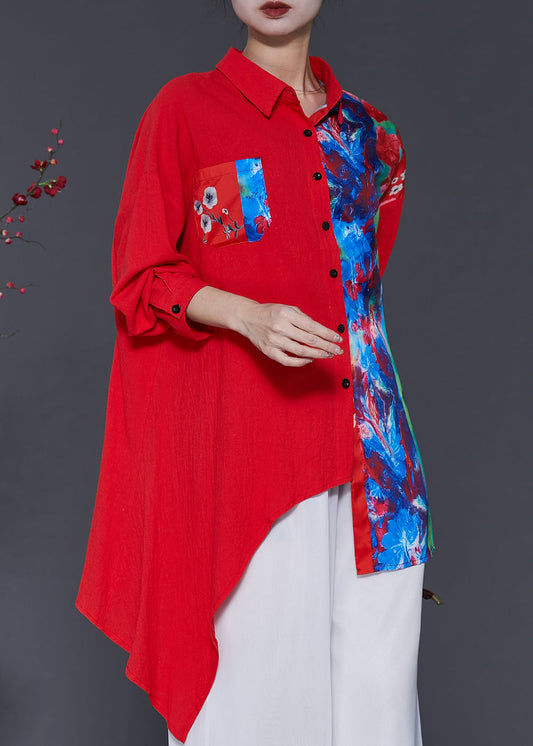 Red Patchwork Linen Blouse Top Oversized Spring SD1048