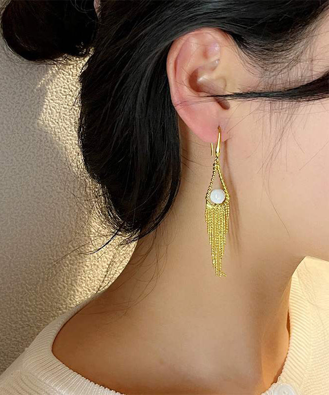 Regular Gold Alloy Pearl Tassel Drop Earrings KX1020