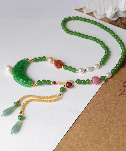 Retro Green Jade Agate Pearl Coloured Glaze Tassel Pendant Necklace KX1027