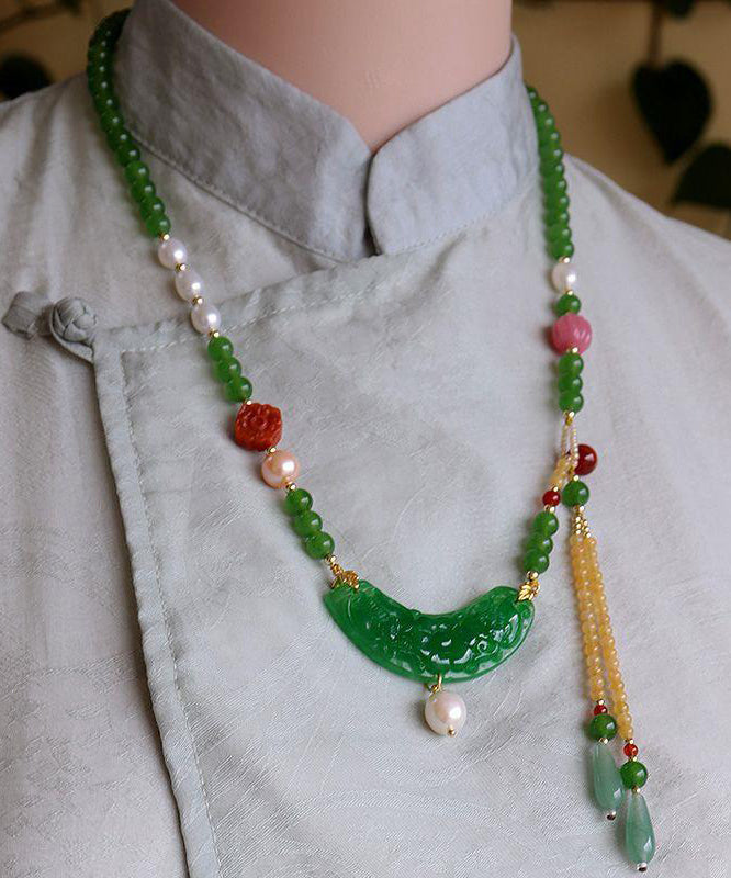 Retro Green Jade Agate Pearl Coloured Glaze Tassel Pendant Necklace KX1027