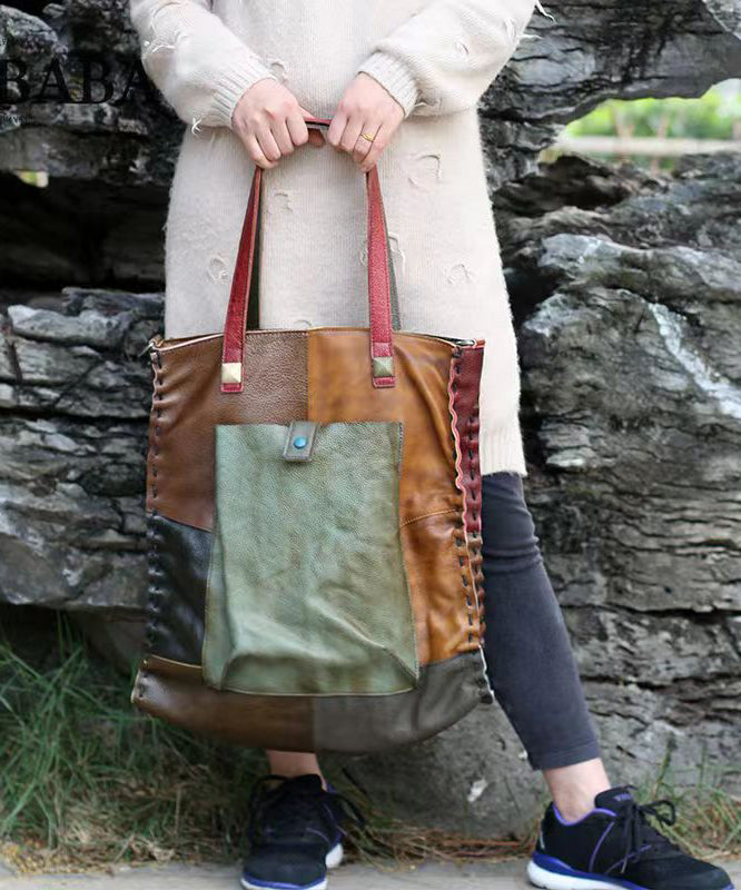 Retro Handmade Contrasting Color Large Capacity Cowhide Single Satchel Bag Handbag ZX1014 Ada Fashion