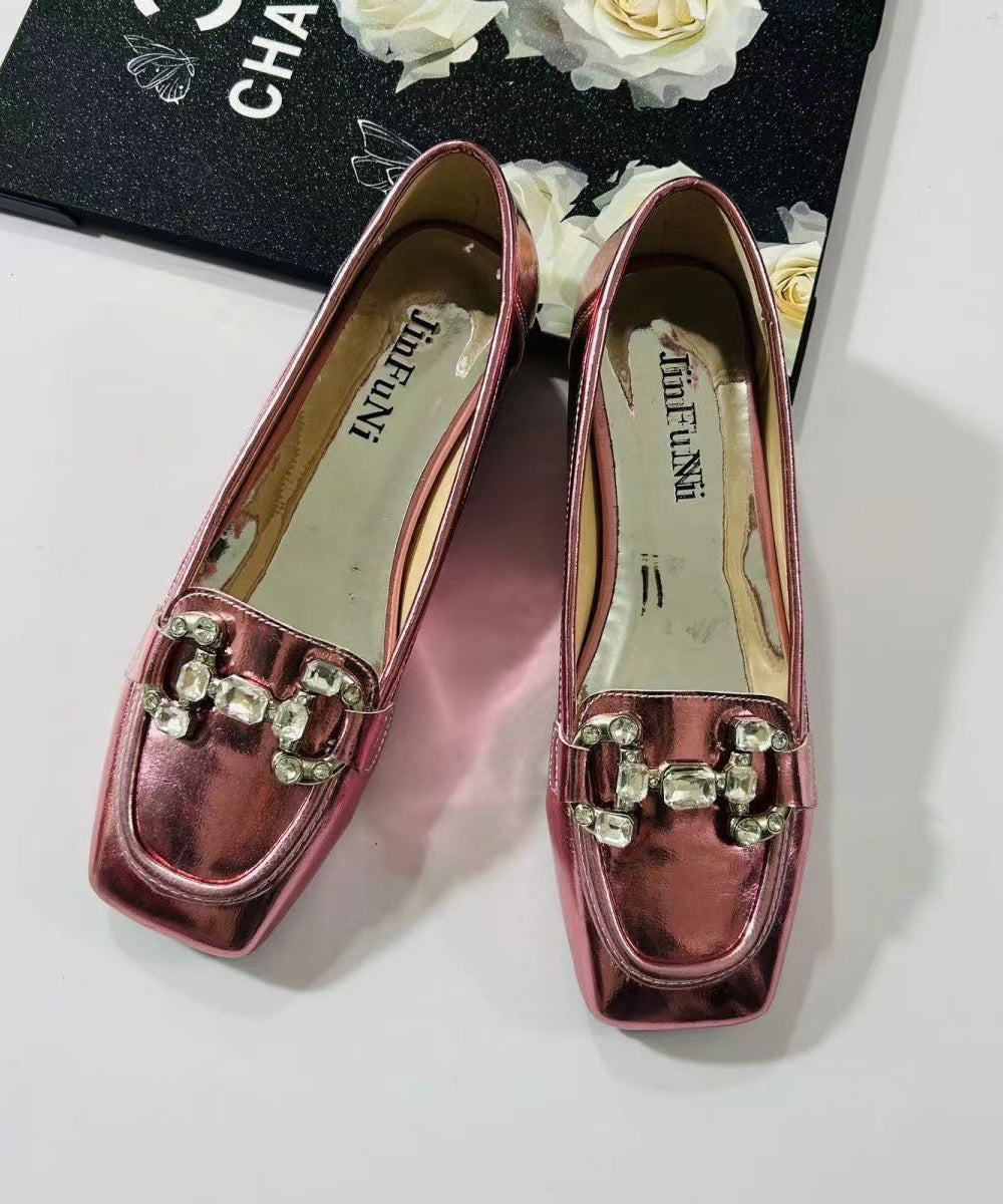 Rose Zircon Faux Leather Square Toe 2024 New Flats CZ1015