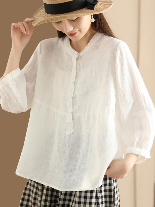 Women Retro Solid Spring Pullover Linen Shirt KL1030