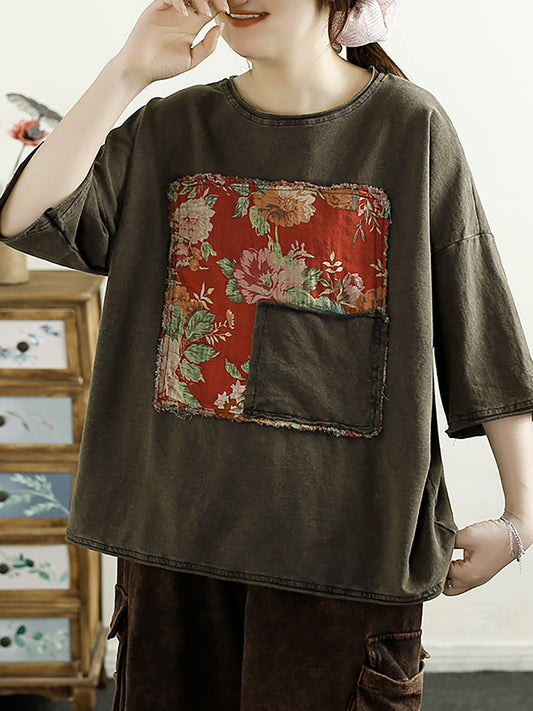Women Summer Vintage Floral Spliced Cotton Shirt TY1042