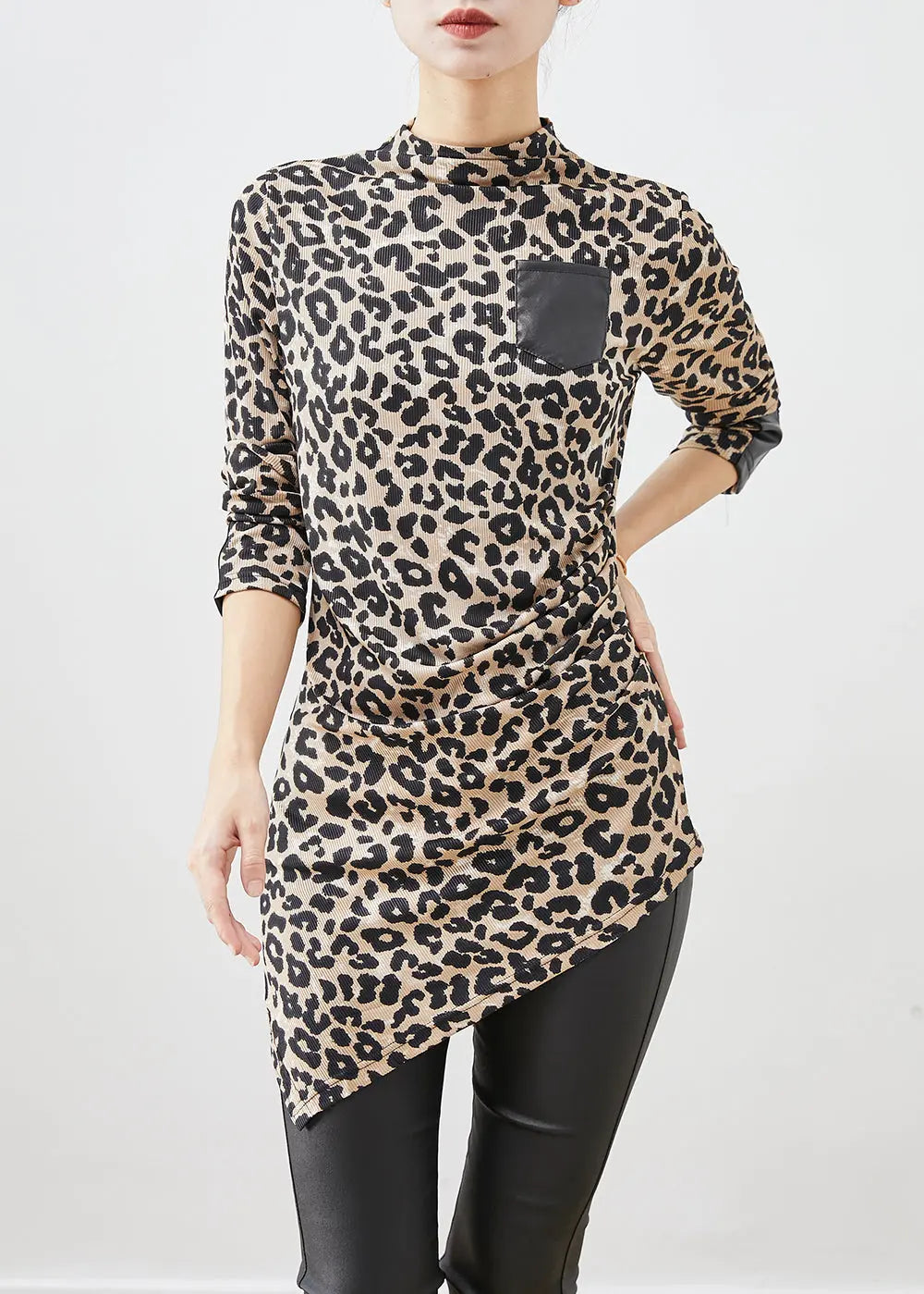 Silm Fit Asymmetrical Leopard Print Cotton Shirt Fall Ada Fashion