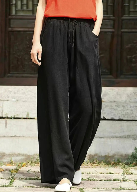 Simple Black Pockets Elastic Waist Linen Pants Summer Ada Fashion