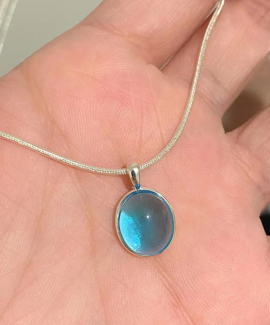Simple Blue Alloy Gem Stone Pendant Necklace KX1030