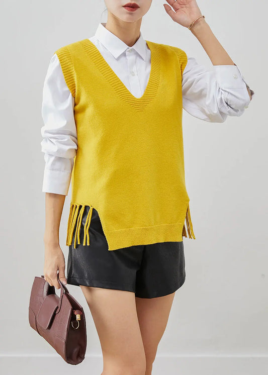 Simple Yellow V Neck Tasseled Knit Vest Tops Fall Ada Fashion