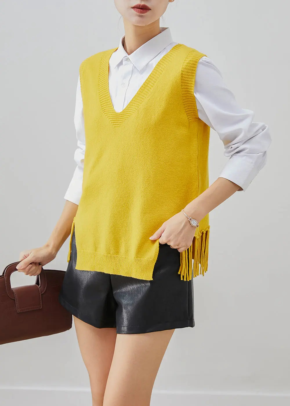 Simple Yellow V Neck Tasseled Knit Vest Tops Fall Ada Fashion