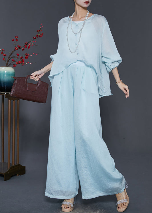 Sky Blue Silk Two Pieces Set Oversized Low High Design Spring SD1014