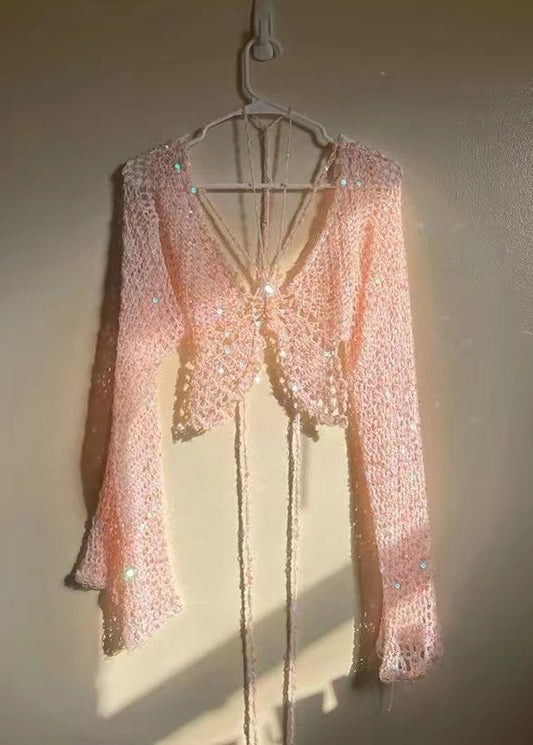 Slim Fit Pink Hollow Out Sequins Knit Top Long Sleeve OP1006