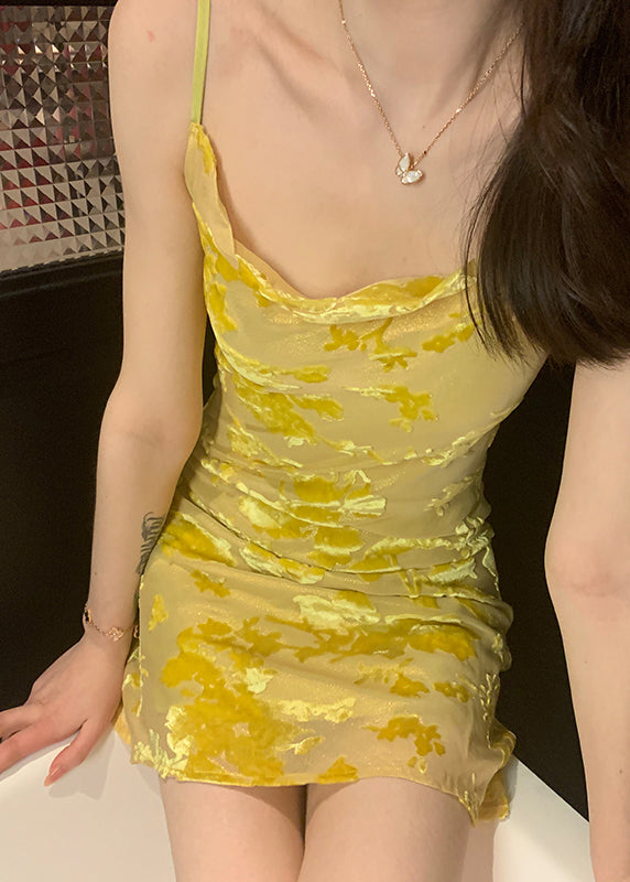 Slim Fit Yellow O Neck Solid Silk Spaghetti Strap Dress Sleeveless OP1035