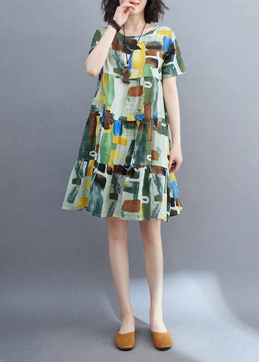 Style Colorblock Ruffled Patchwork Mid Dress Short Sleeve VB1018