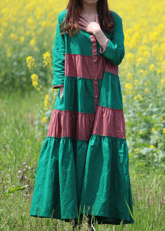 Style Green Print Pockets Maxi Dress Long Sleeve VB1029