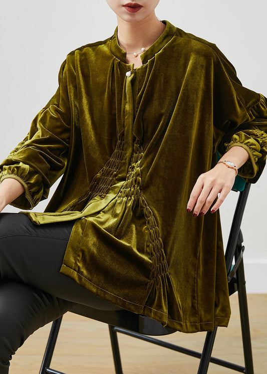 Stylish Green Oversized Wrinkled Silk Velour Shirt Spring YU1066