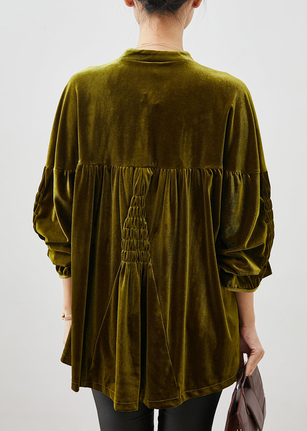 Stylish Green Oversized Wrinkled Silk Velour Shirt Spring YU1066