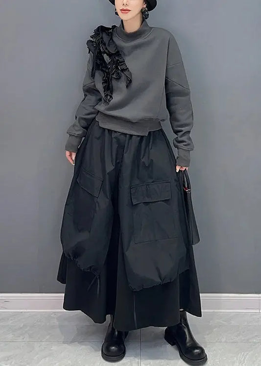 Stylish Grey Ruffled Sweatshirt And Black Skirts Cotton Two Piece Set Fall Ada Fashion