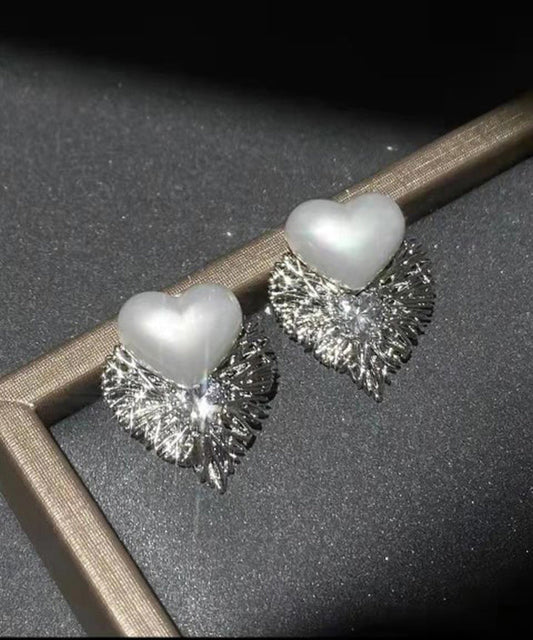 Stylish Silk Metal Zircon Love Pearl Stud Earrings KX1029