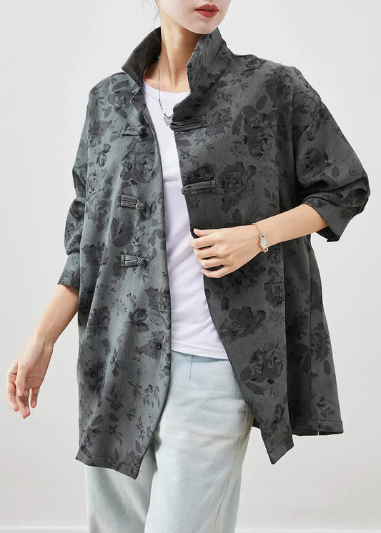 Unique Grey Asymmetrical Print Cotton Shirt Top Fall Ada Fashion