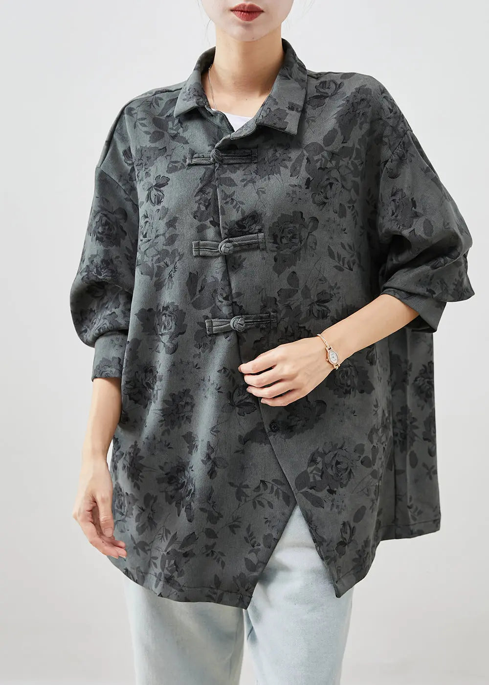 Unique Grey Asymmetrical Print Cotton Shirt Top Fall Ada Fashion