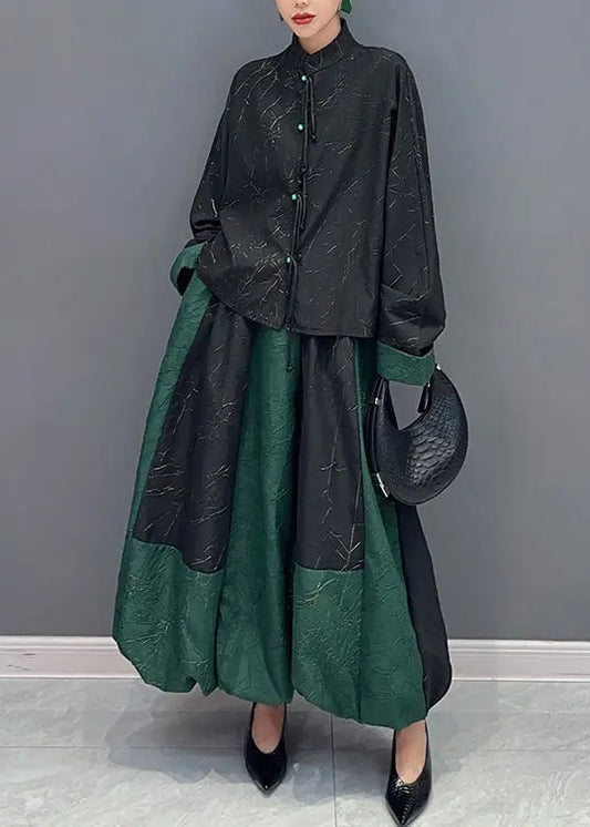 Vintage Black Green Stand Collar Tasseled Patchwork Cotton Two Piece Set Fall Ada Fashion