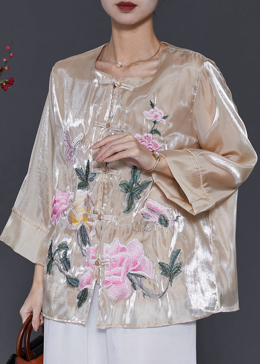 Vintage Champagne Embroidered Linen Silk Shirt Spring SD1050