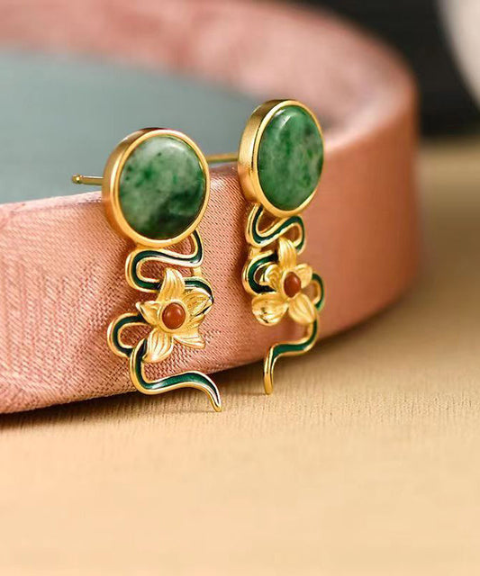Vintage Green Jade Floral Silver Stud Earrings Ada Fashion