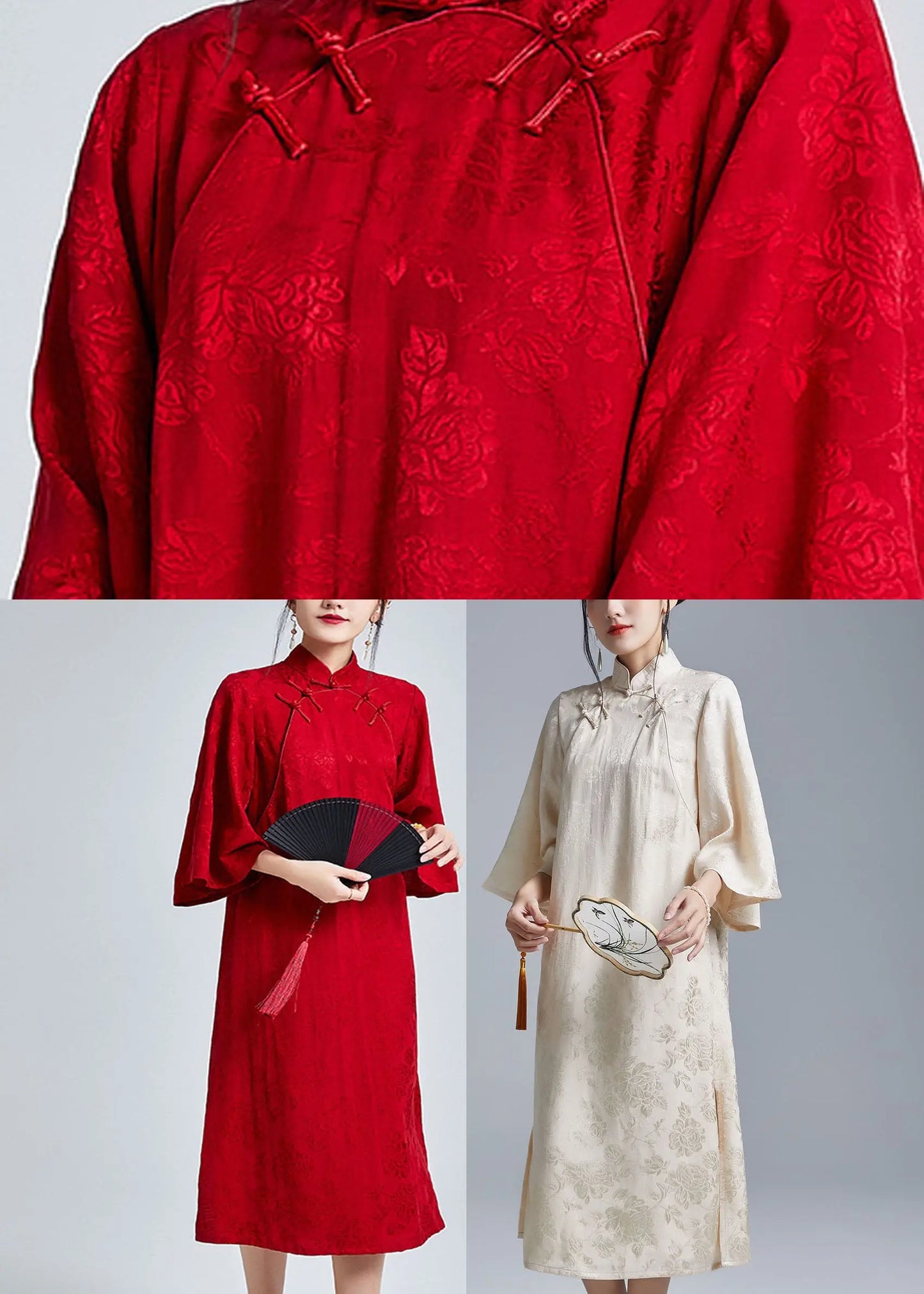 Vintage Jacquard Red Stand Collar Button Maxi Dresses Fall Ada Fashion