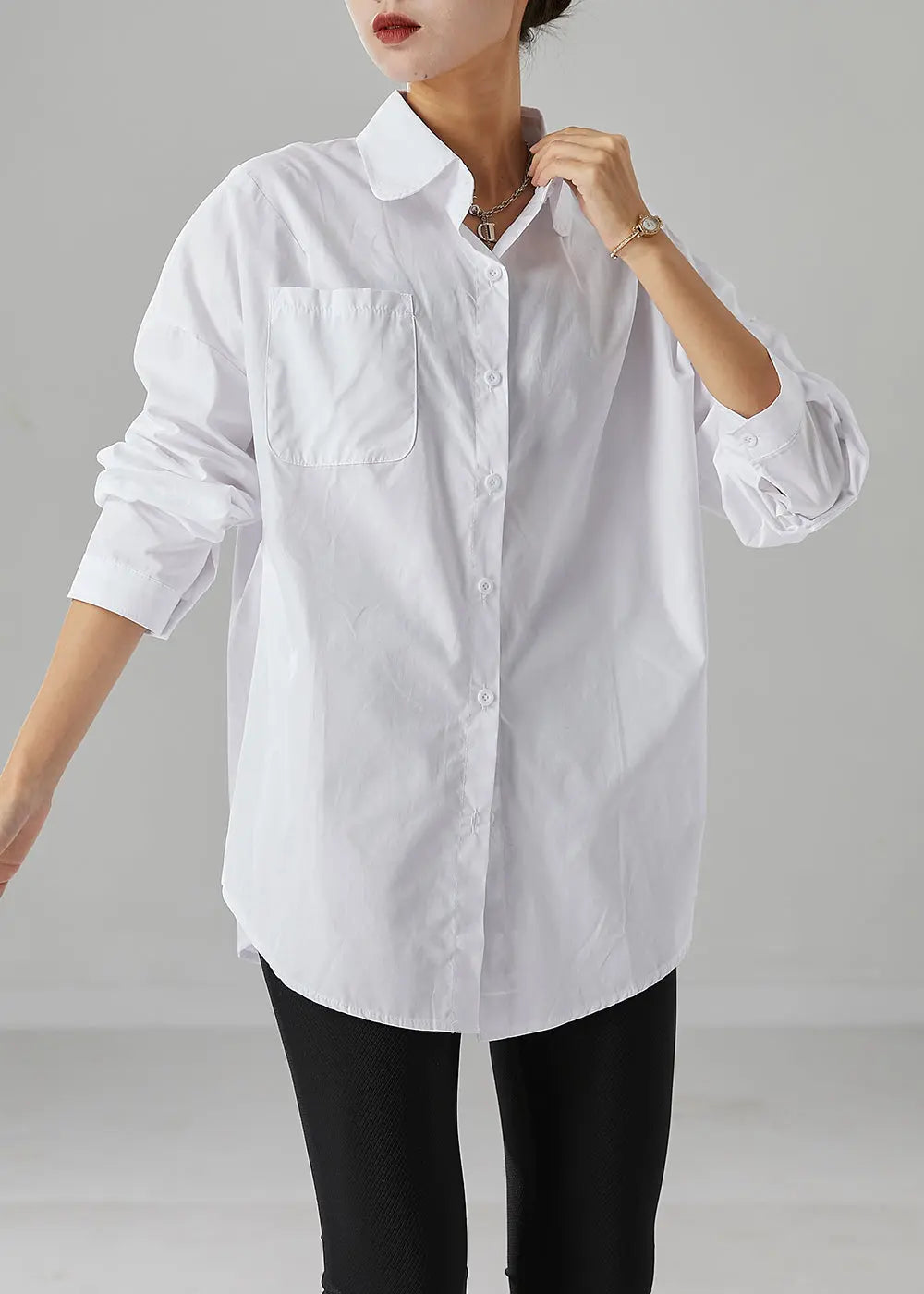 White Oversized Cotton Shirt Peter Pan Collar Pocket Fall Ada Fashion