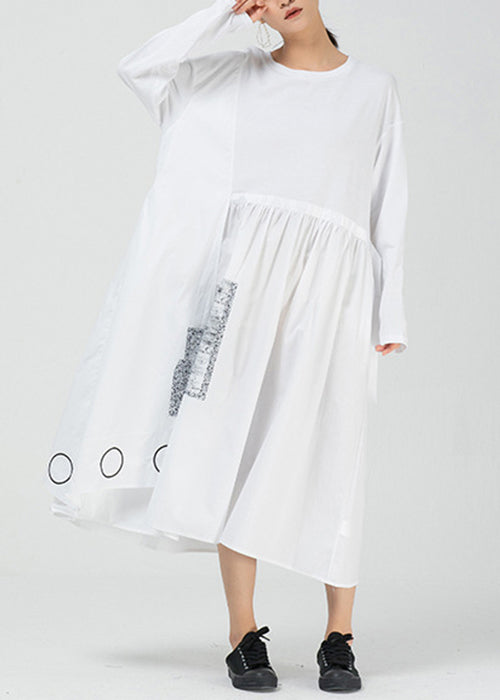 White Pockets Patchwork Cotton Long Dress O Neck Spring AA1009