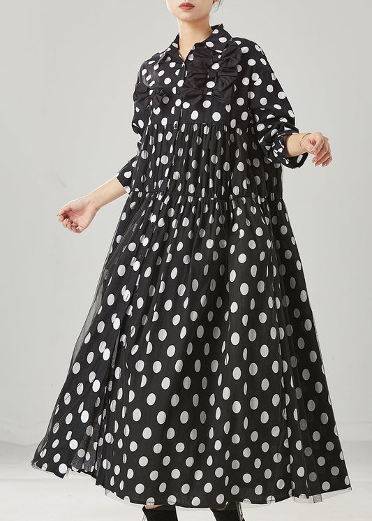Women Black Dot Print Bow Tullle Long Dresses Spring YU1005